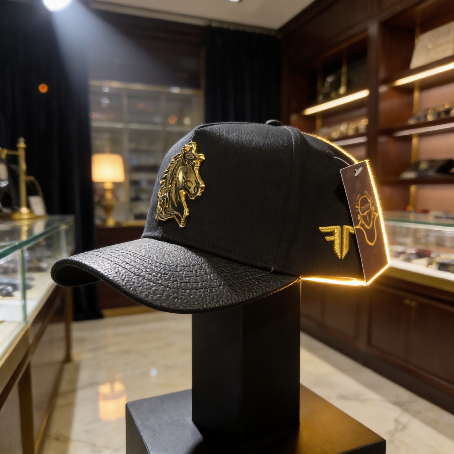 Original Ferreti Black Cap with Gold Horse Plate