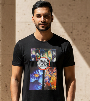 Demon Slayer Black T-Shirt - 4 Epic Character Panels Design