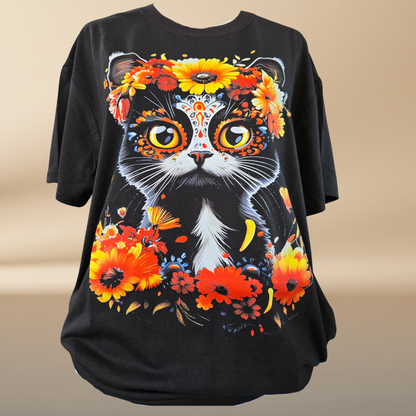 Floral Cat T-Shirt - Halftone Design in Orange, Yellow & Blue