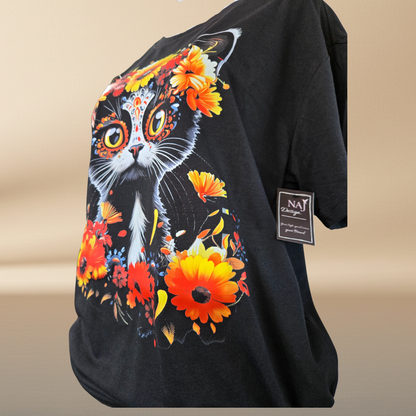 Floral Cat T-Shirt - Halftone Design in Orange, Yellow & Blue