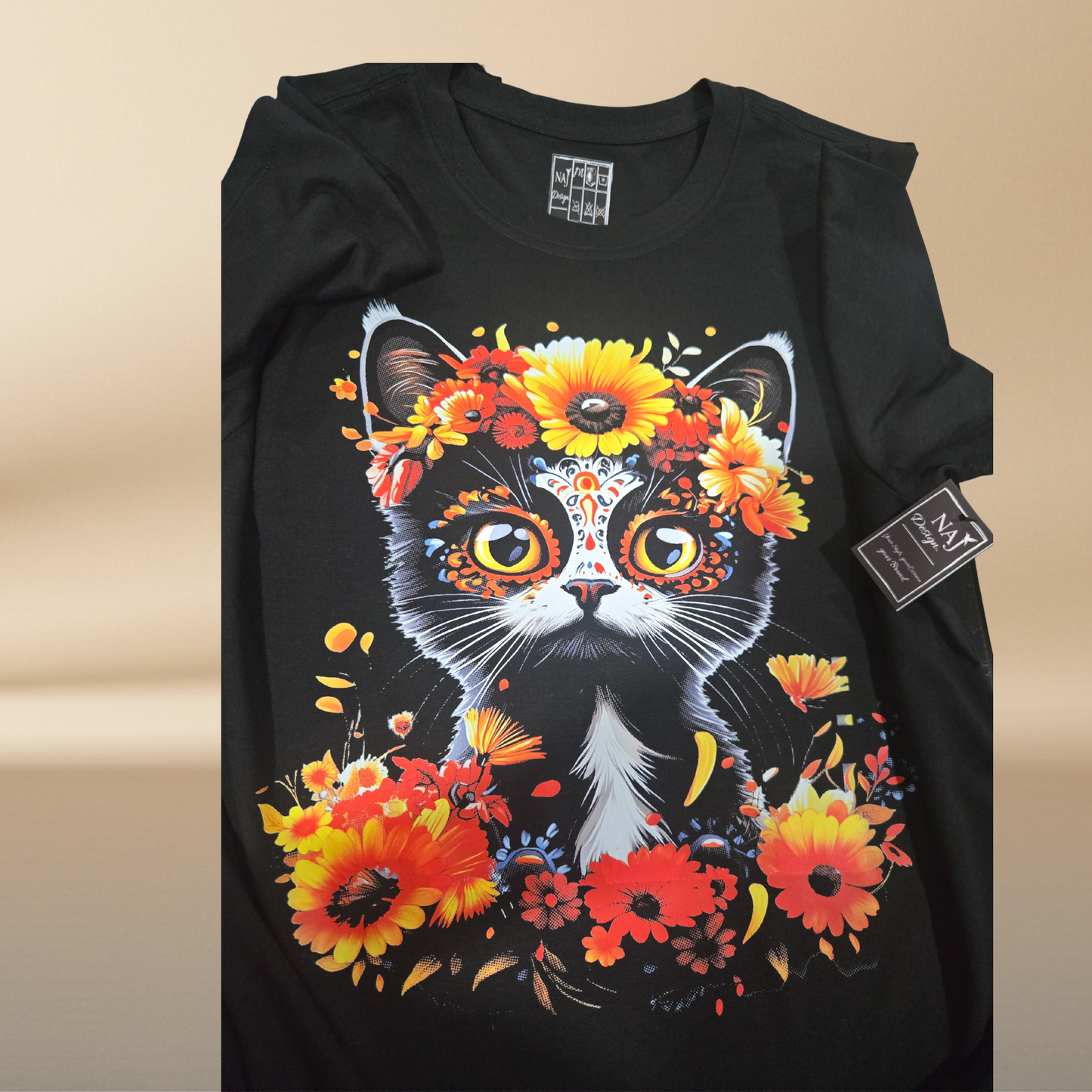 Floral Cat T-Shirt - Halftone Design in Orange, Yellow & Blue