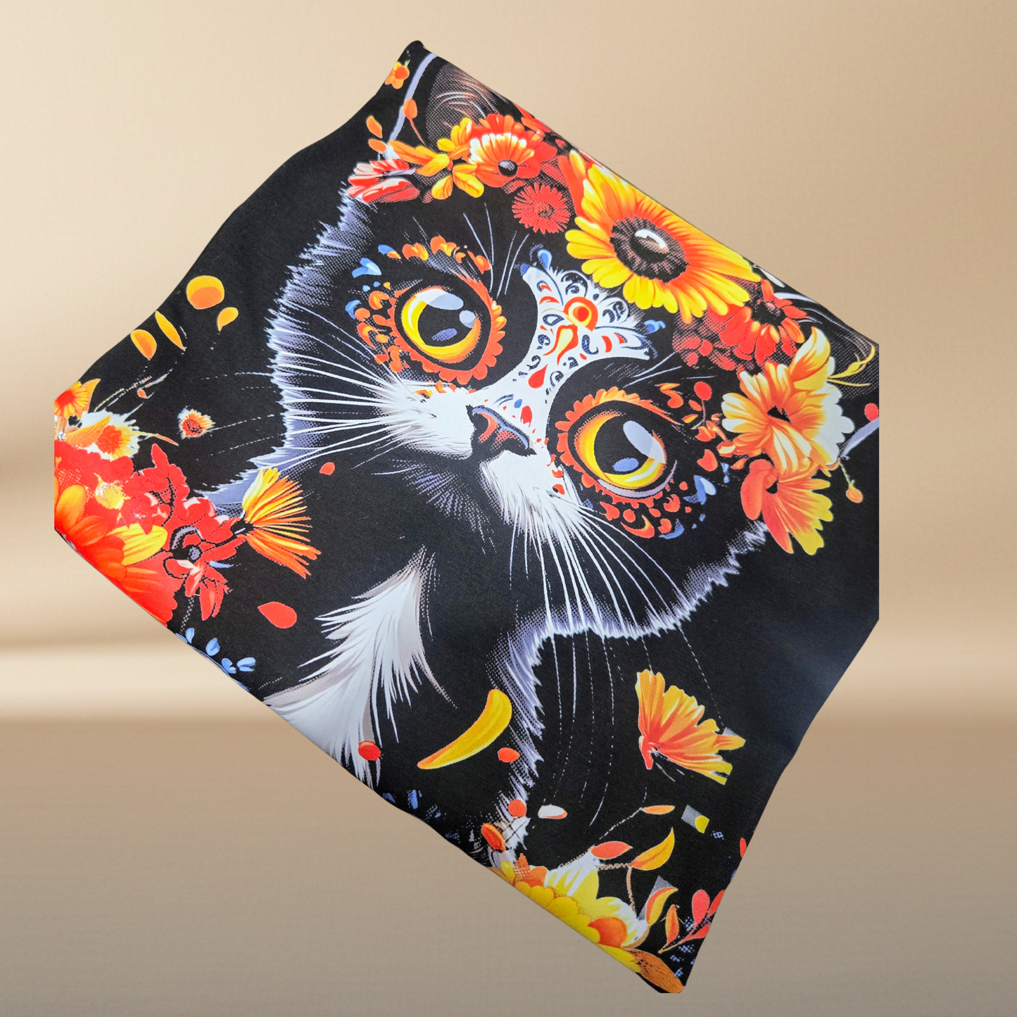 Floral Cat T-Shirt - Halftone Design in Orange, Yellow & Blue