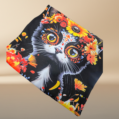 Floral Cat T-Shirt - Halftone Design in Orange, Yellow & Blue
