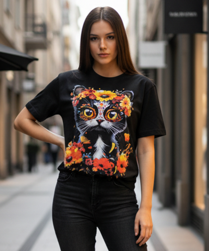 Floral Cat T-Shirt - Halftone Design in Orange, Yellow & Blue