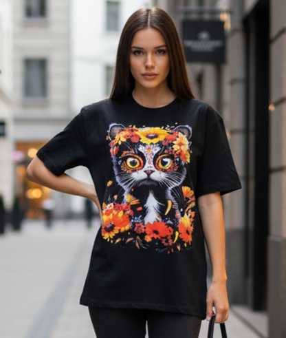 Floral Cat T-Shirt - Halftone Design in Orange, Yellow & Blue