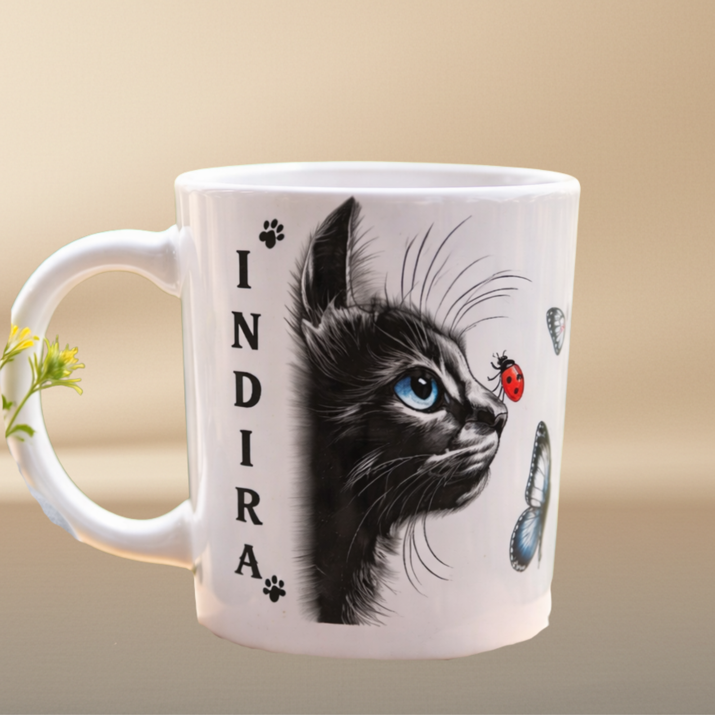 Personalized Cat Mug with Roses & Butterflies - INDIRA Design