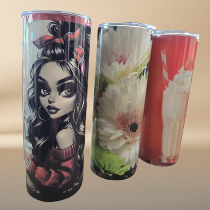 Enchanted Garden Beauty 20oz Tumbler - Wavy Hair Doll with White Florals & Lime Accents
