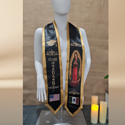 Class of 2026 Guadalupe Graduation Stole – Black & Gold | USA & Mexico Flags | DTF Print