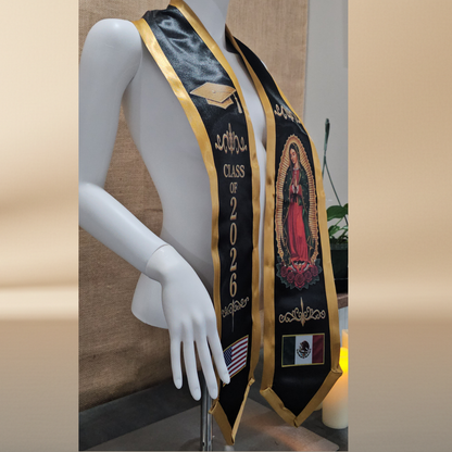 Class of 2026 Guadalupe Graduation Stole – Black & Gold | USA & Mexico Flags | DTF Print