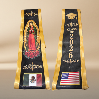 Class of 2026 Guadalupe Graduation Stole – Black & Gold | USA & Mexico Flags | DTF Print