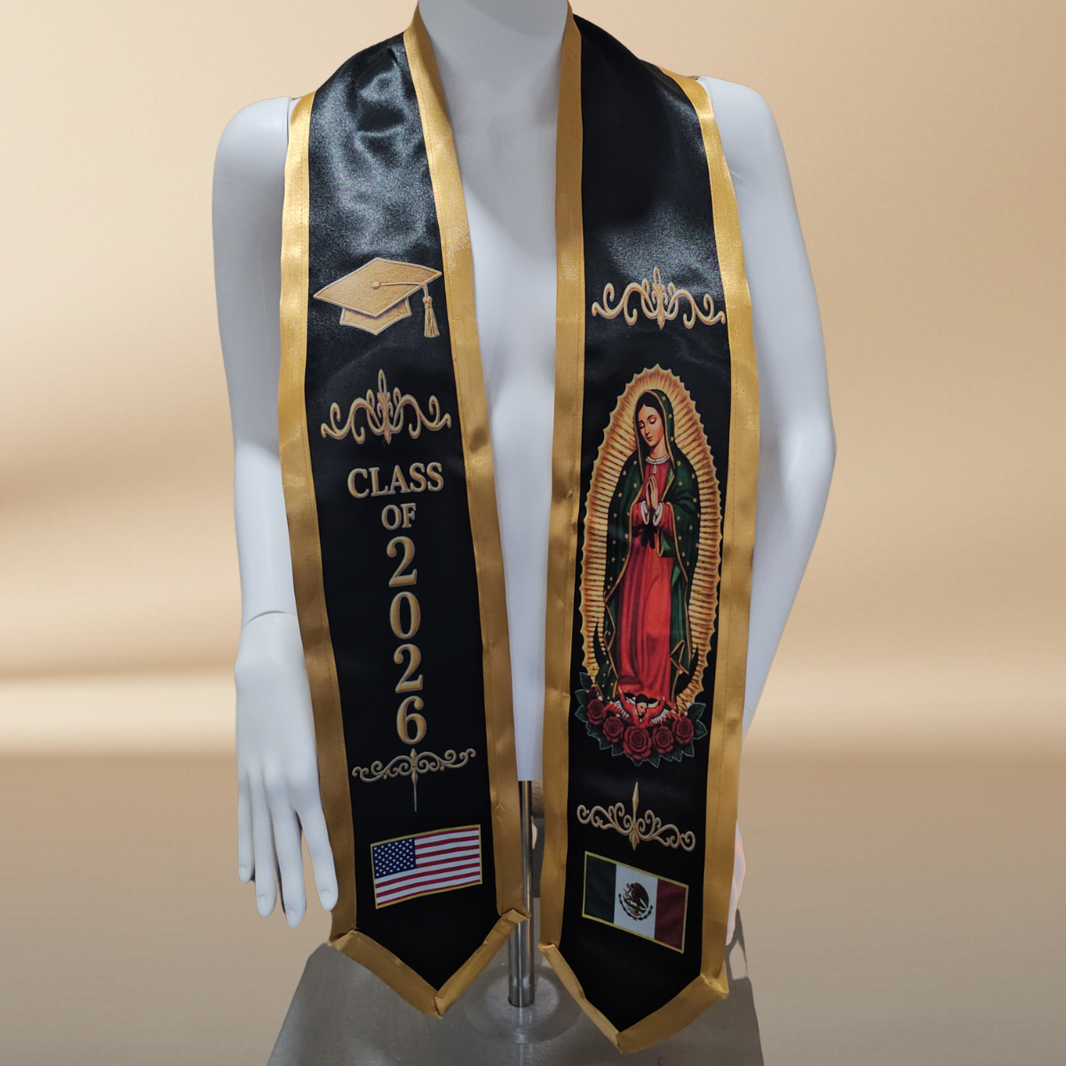 Class of 2026 Guadalupe Graduation Stole – Black & Gold | USA & Mexico Flags | DTF Print