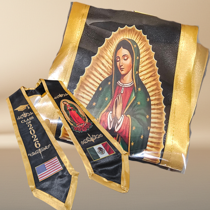 Class of 2026 Guadalupe Graduation Stole – Black & Gold | USA & Mexico Flags | DTF Print