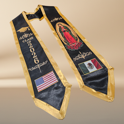 Class of 2026 Guadalupe Graduation Stole – Black & Gold | USA & Mexico Flags | DTF Print