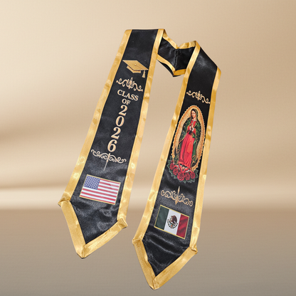 Class of 2026 Guadalupe Graduation Stole – Black & Gold | USA & Mexico Flags | DTF Print
