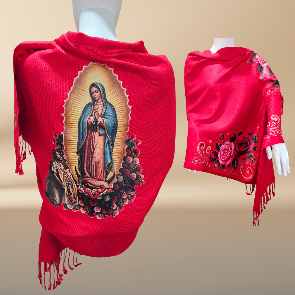 Our Lady of Guadalupe & Juan Diego Red Satin Shawl | Rose Corner Print | Women's Wrap