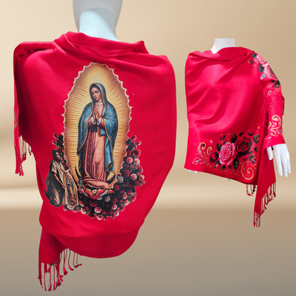 Our Lady of Guadalupe & Juan Diego Red Satin Shawl | Rose Corner Print | Women's Wrap