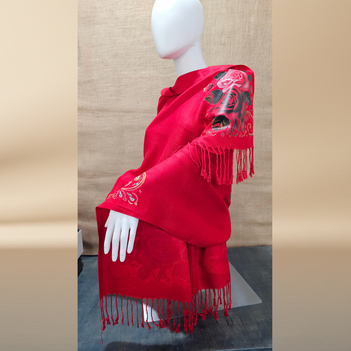 Our Lady of Guadalupe & Juan Diego Red Satin Shawl | Rose Corner Print | Women's Wrap