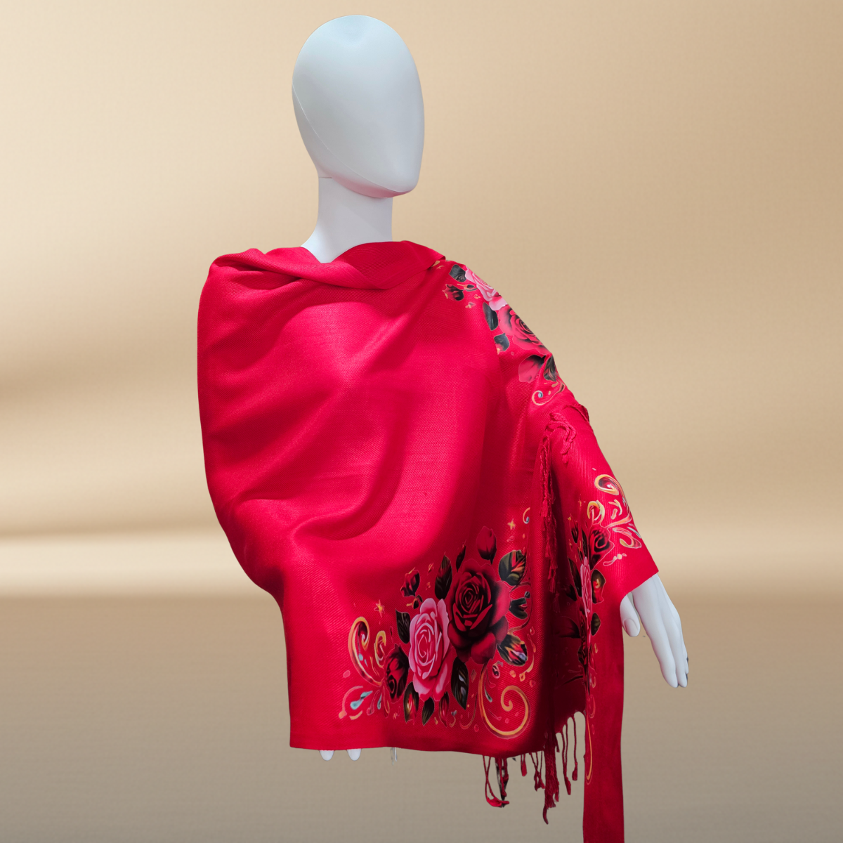 Our Lady of Guadalupe & Juan Diego Red Satin Shawl | Rose Corner Print | Women's Wrap