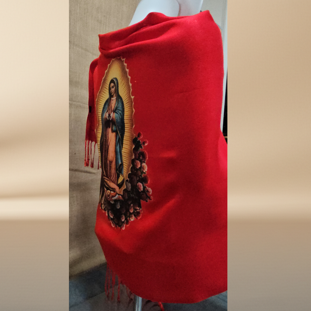 Our Lady of Guadalupe & Juan Diego Red Satin Shawl | Rose Corner Print | Women's Wrap
