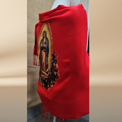 Our Lady of Guadalupe & Juan Diego Red Satin Shawl | Rose Corner Print | Women's Wrap
