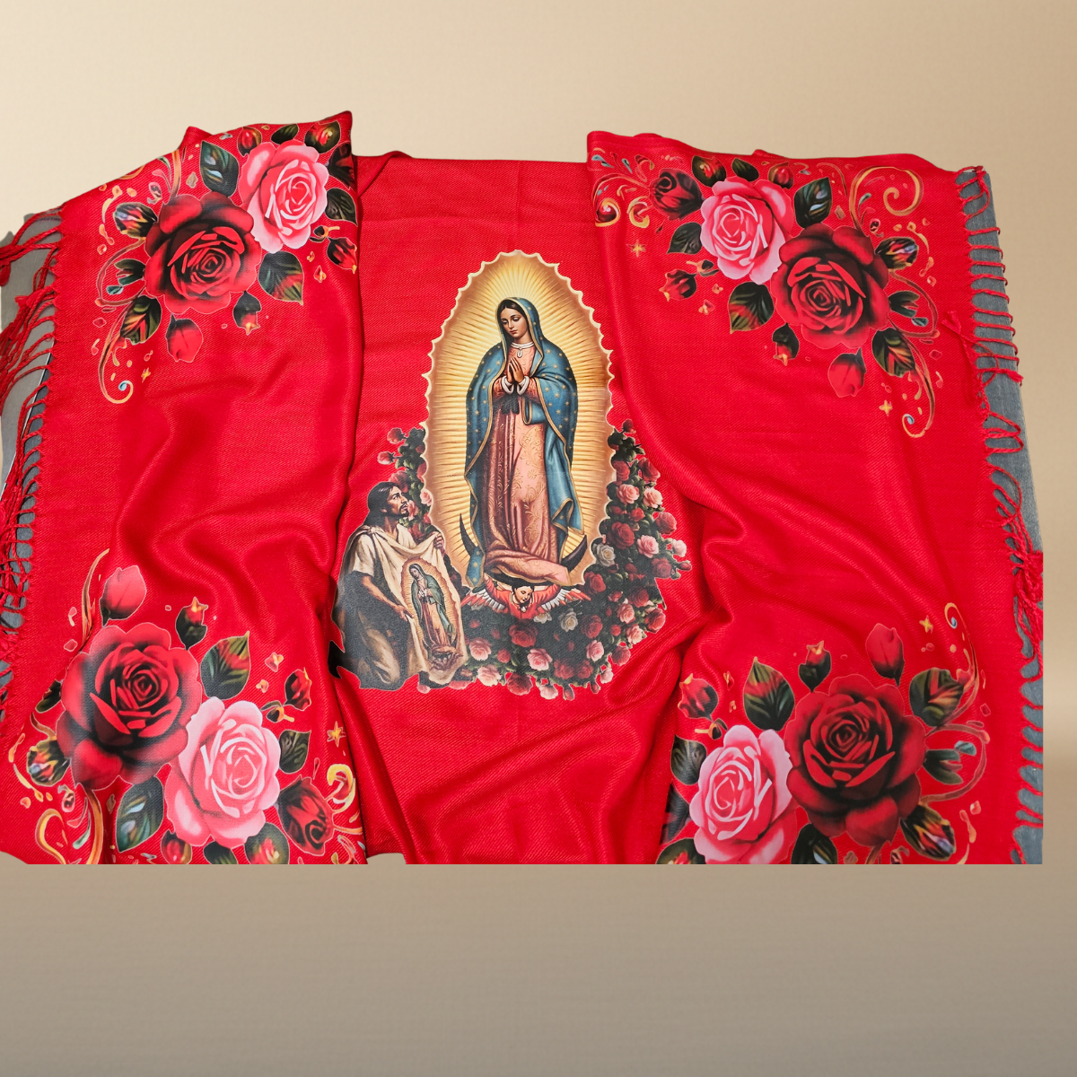 Our Lady of Guadalupe & Juan Diego Red Satin Shawl | Rose Corner Print | Women's Wrap
