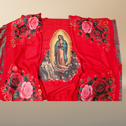 Our Lady of Guadalupe & Juan Diego Red Satin Shawl | Rose Corner Print | Women's Wrap