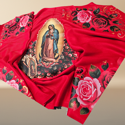 Our Lady of Guadalupe & Juan Diego Red Satin Shawl | Rose Corner Print | Women's Wrap