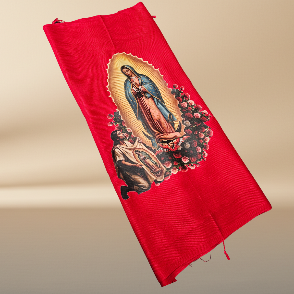 Our Lady of Guadalupe & Juan Diego Red Satin Shawl | Rose Corner Print | Women's Wrap