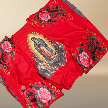 Our Lady of Guadalupe & Juan Diego Red Satin Shawl | Rose Corner Print | Women's Wrap