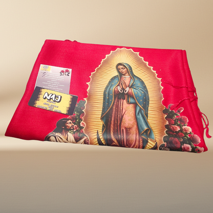 Our Lady of Guadalupe & Juan Diego Red Satin Shawl | Rose Corner Print | Women's Wrap