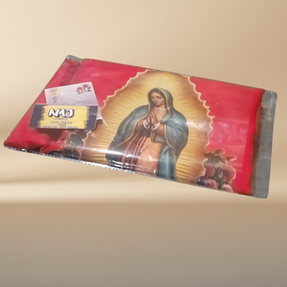 Our Lady of Guadalupe & Juan Diego Red Satin Shawl | Rose Corner Print | Women's Wrap