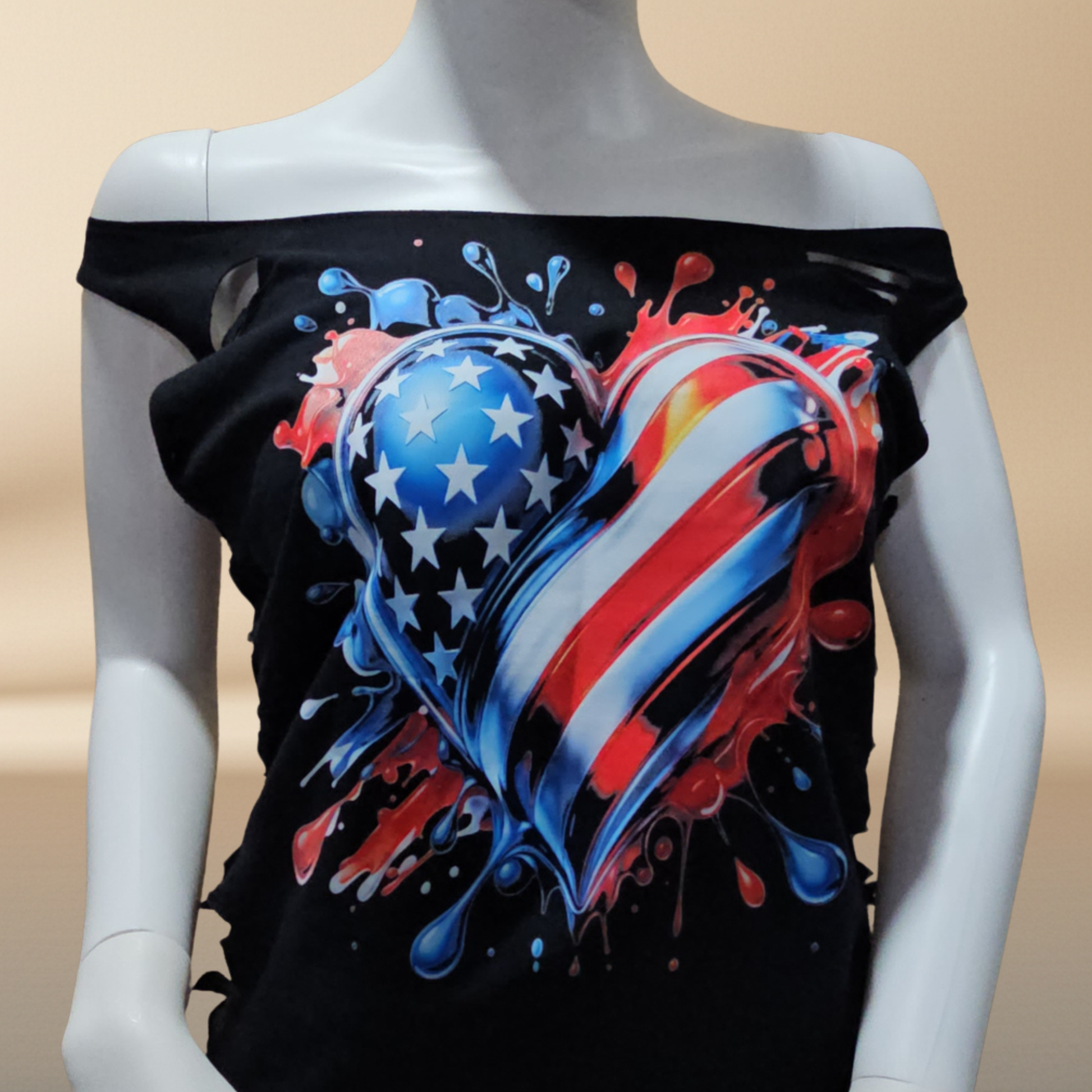 Playera negra corazón USA halftone - vista frontal plana