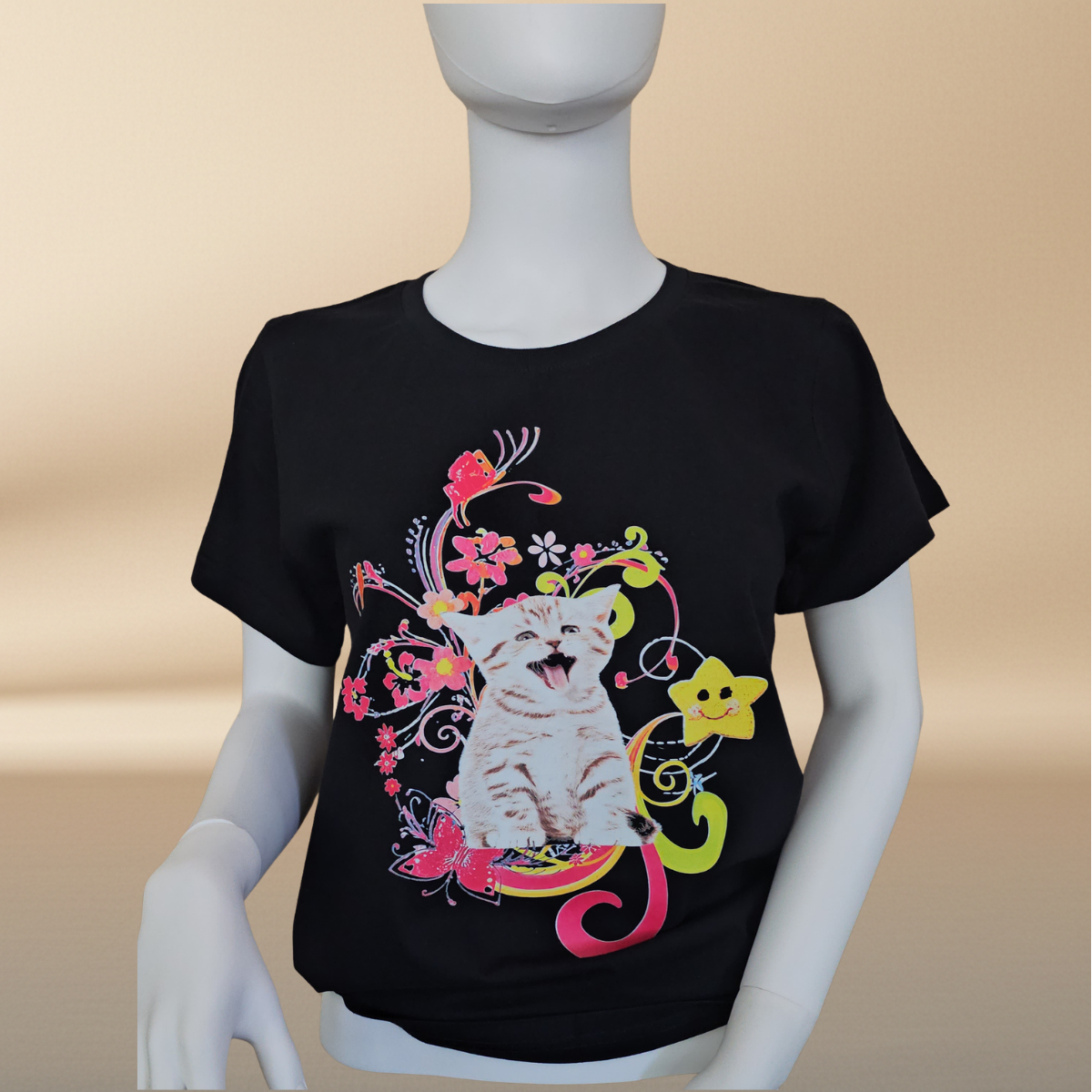 Black "Happy Kitty" Tee — Floral Halftone Graphic Print | NAJ Design