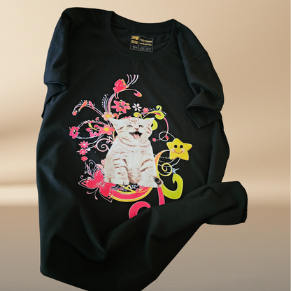 Black "Happy Kitty" Tee — Floral Halftone Graphic Print | NAJ Design