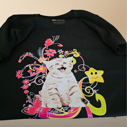 Black "Happy Kitty" Tee — Floral Halftone Graphic Print | NAJ Design