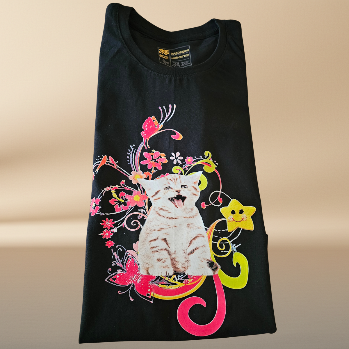 Black "Happy Kitty" Tee — Floral Halftone Graphic Print | NAJ Design