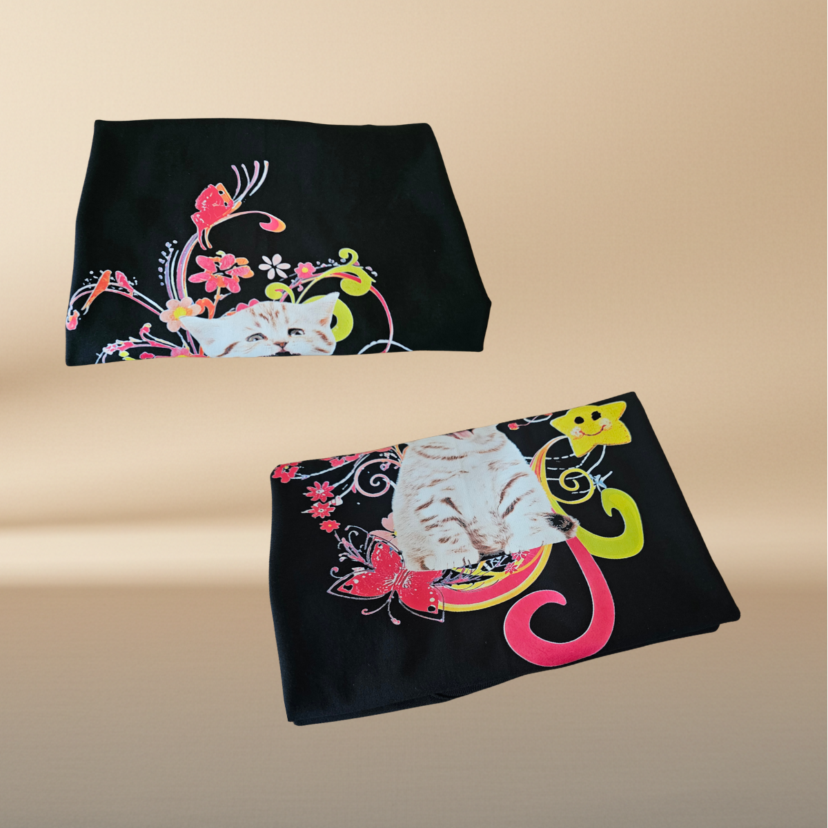 Black "Happy Kitty" Tee — Floral Halftone Graphic Print | NAJ Design