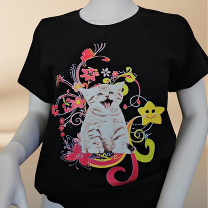 Black "Happy Kitty" Tee — Floral Halftone Graphic Print | NAJ Design
