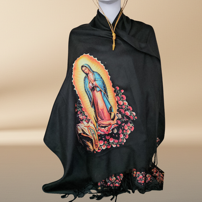 Our Lady of Guadalupe Black Rebozo Shawl – DTF Halftone Print
