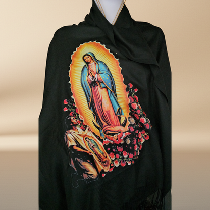 Our Lady of Guadalupe Black Rebozo Shawl – DTF Halftone Print
