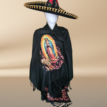 Our Lady of Guadalupe Black Rebozo Shawl – DTF Halftone Print