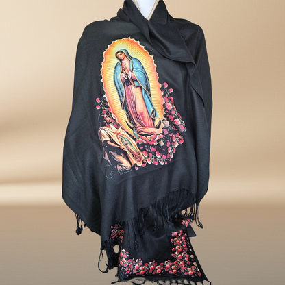 Our Lady of Guadalupe Black Rebozo Shawl – DTF Halftone Print