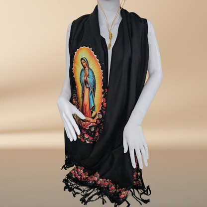 Our Lady of Guadalupe Black Rebozo Shawl – DTF Halftone Print