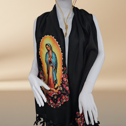 Our Lady of Guadalupe Black Rebozo Shawl – DTF Halftone Print