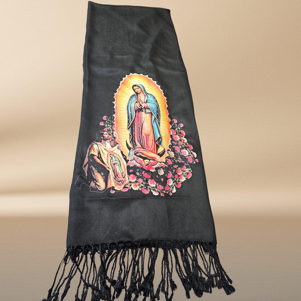 Our Lady of Guadalupe Black Rebozo Shawl – DTF Halftone Print