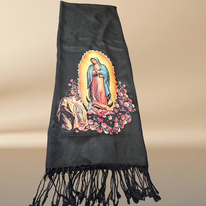 Our Lady of Guadalupe Black Rebozo Shawl – DTF Halftone Print