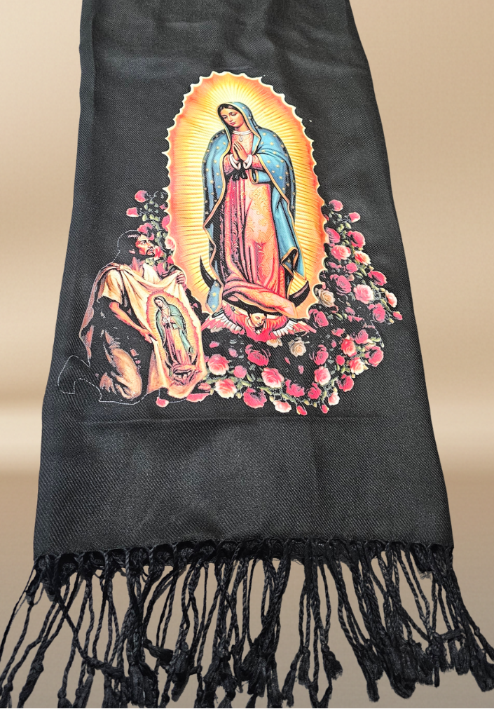 Our Lady of Guadalupe Black Rebozo Shawl – DTF Halftone Print
