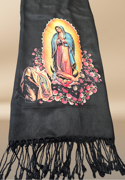Our Lady of Guadalupe Black Rebozo Shawl – DTF Halftone Print
