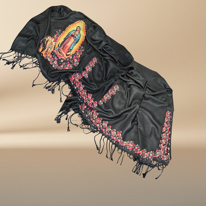 Our Lady of Guadalupe Black Rebozo Shawl – DTF Halftone Print