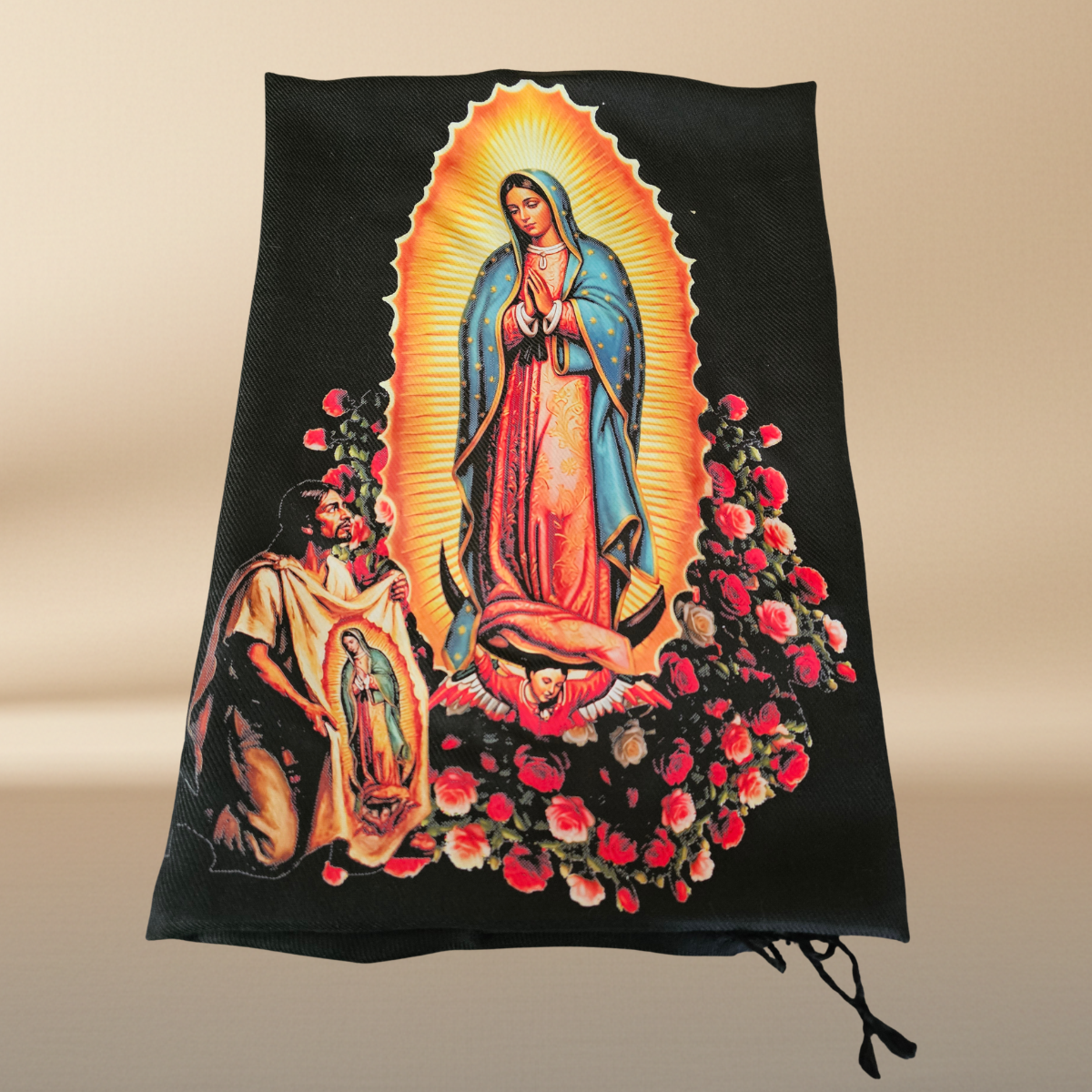 Our Lady of Guadalupe Black Rebozo Shawl – DTF Halftone Print